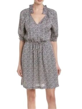 Rebecca Taylor Blue Floral Lauren Silk Shift Dress Ruched Neck Short sleeve sz 8